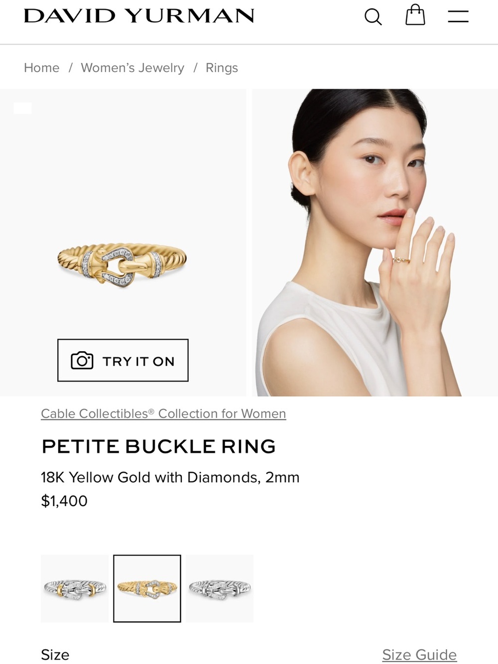 David Yurman Petite Buckle Ring in 18k Yellow Gold with Diamond Accents